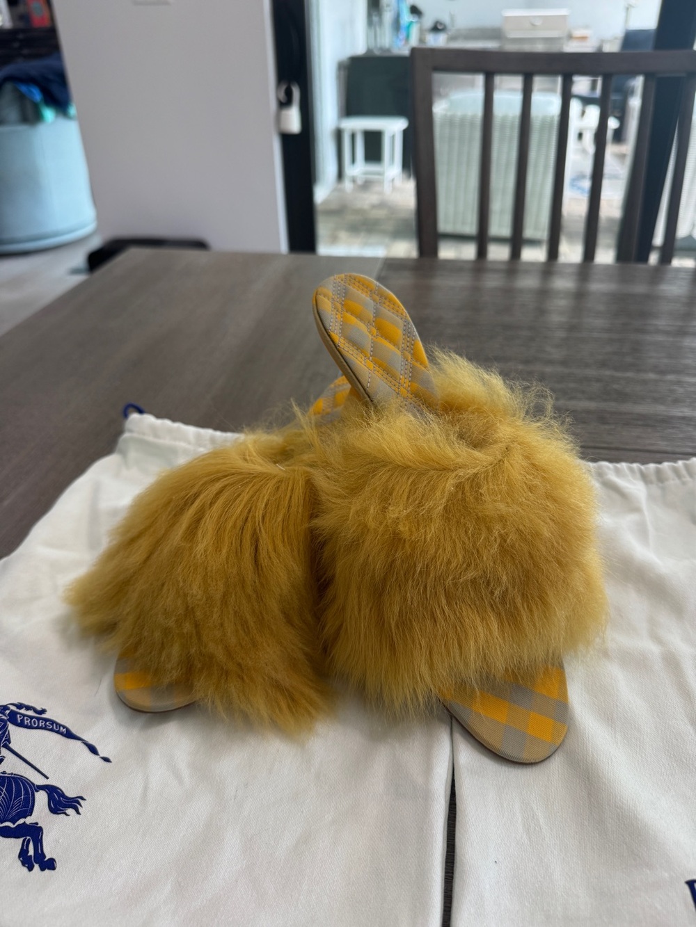 Burberry Mustard Yellow 100% Shearling Fur Slide Sandals